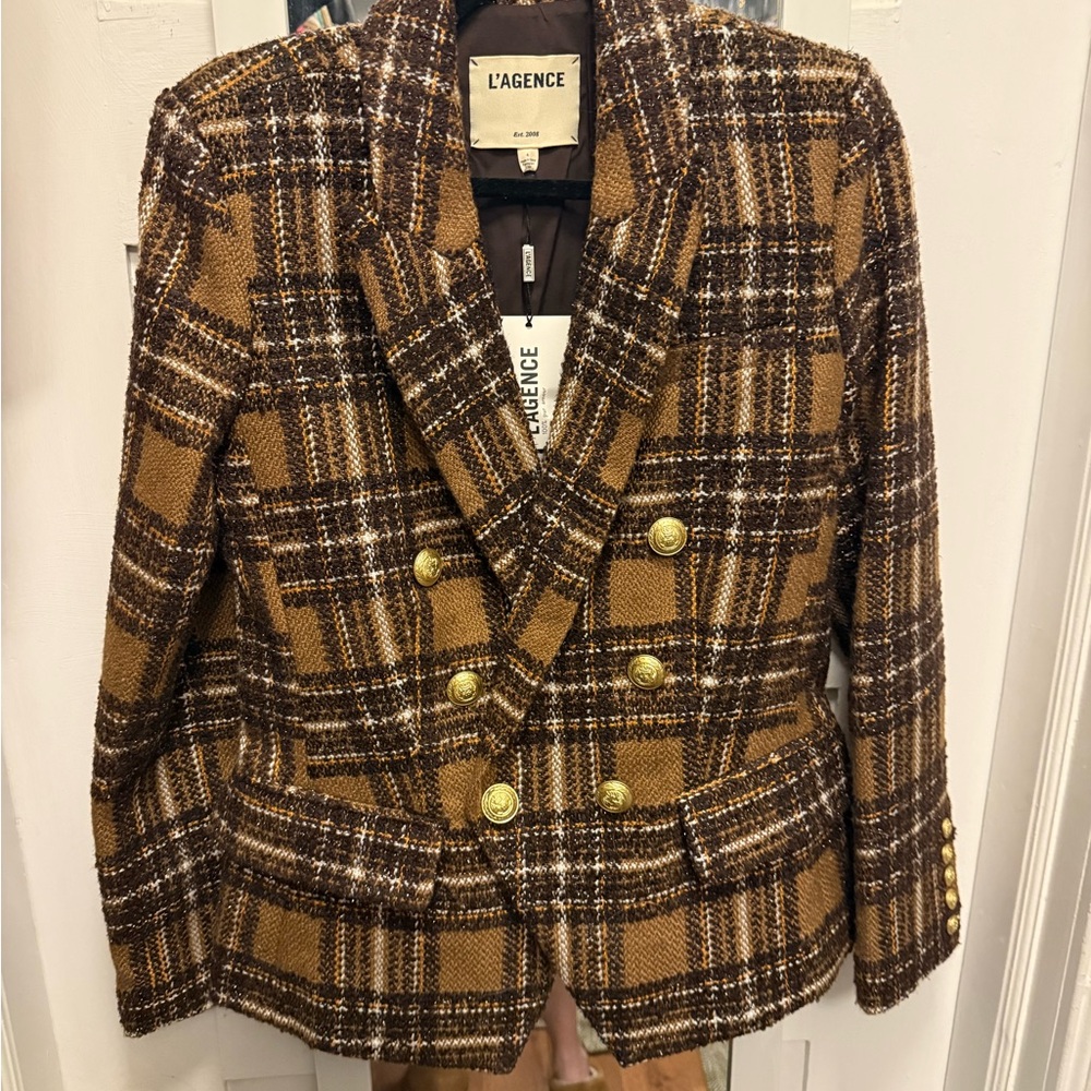 L'AGENCE Brooke Women's Double-Breasted Plaid Tweed Blazer - Brown NWT size 4